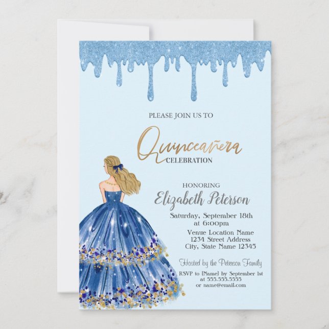 Light Blue Glitzer Tropfen, Dress Girl Quinceanera Einladung (Vorderseite)