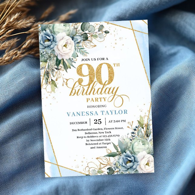 Light blue gold accents floral chic 90th birthday  einladung (Light blue gold accents floral chic 90th birthday invite)