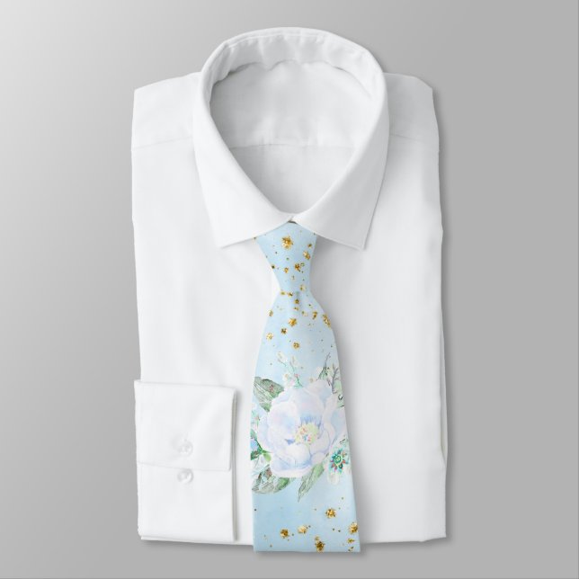 Light Blue Gold Floral Groom Hochzeit Neck Tie Krawatte (Gebunden)