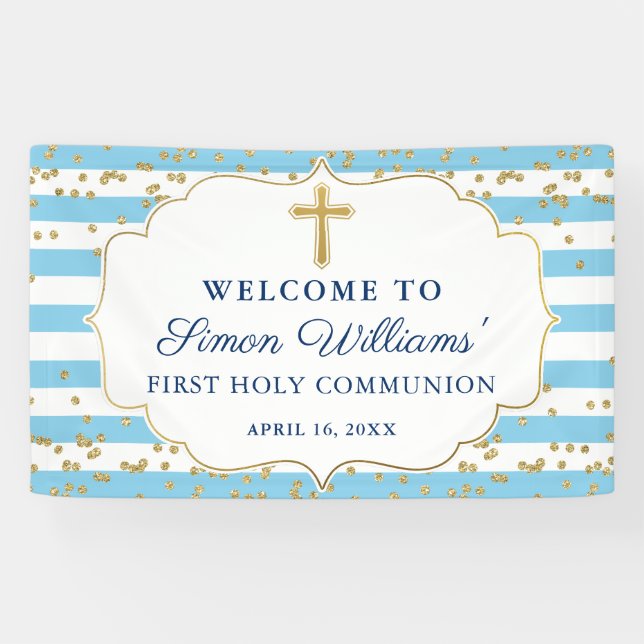 Light Blue Gold Glitzer Erste Heilige Kommune Banner (Horizontal)