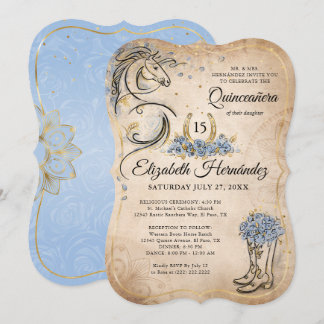 Light Blue Gold Quinceanera Rustic Horse Birthday Einladung
