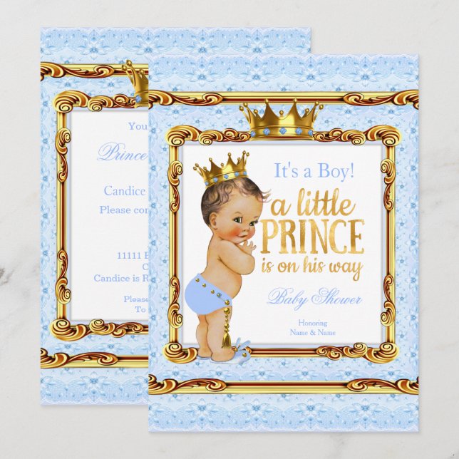 Light Blue Gold White Prince Baby Dusche Brünett Einladung (Vorne/Hinten)