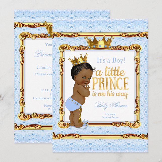 Light Blue Gold White Prince Baby Dusche Ethnic Einladung (Vorne/Hinten)