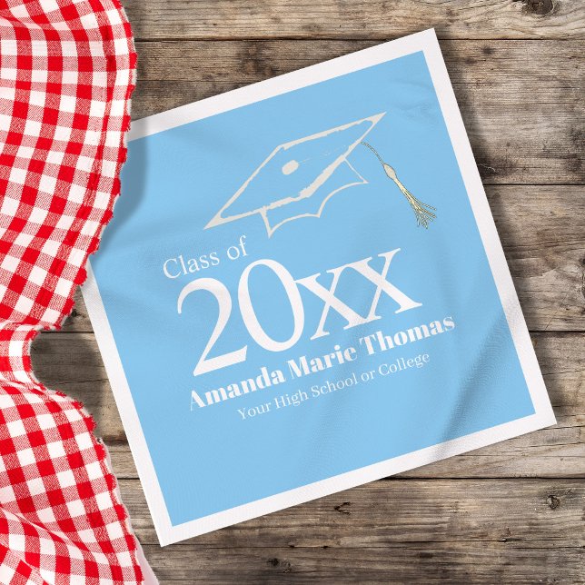 Light Blue Graduation Cap Class of 20XX Name Serviette (Light blue graduation napkin with Class of 20XX, custom name and cap design on table.)