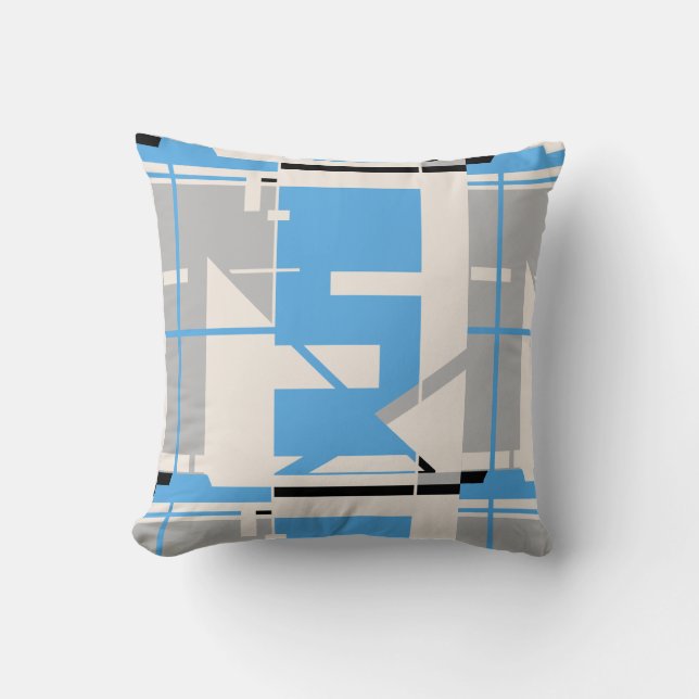 Light Blue Gray Black Beige Geometric Abstrakt Kissen (Vorderseite)