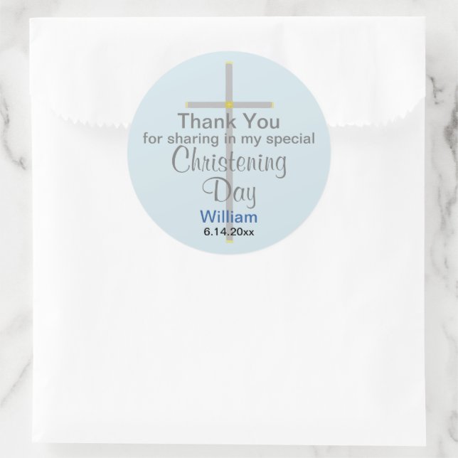 Light Blue Gray Christening Son Vielen Dank Runder Aufkleber (Tasche)