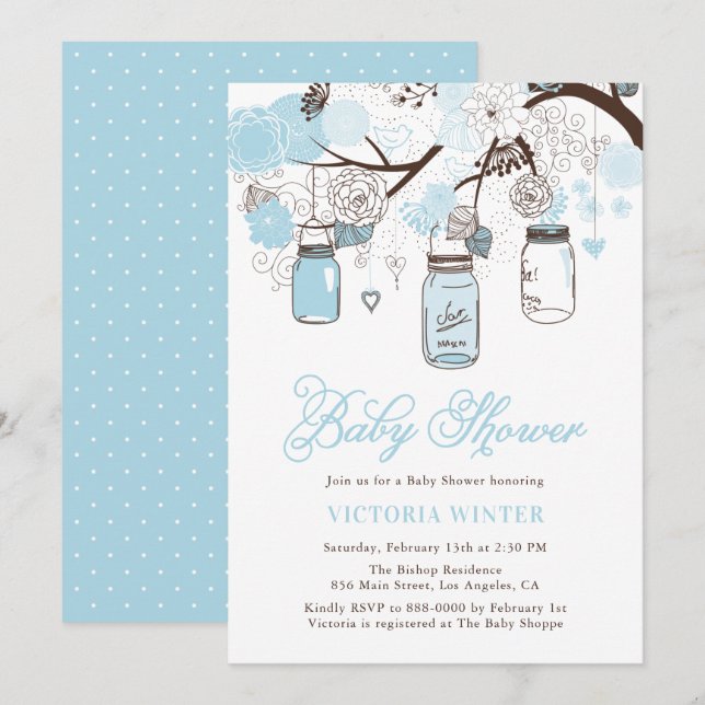 Light Blue Hanging Mason Jars Baby Shower Einladung (Vorne/Hinten)
