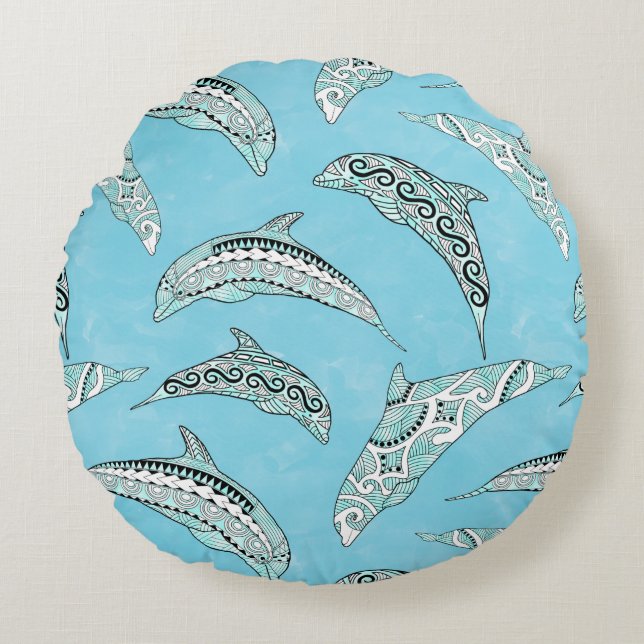 Light Blue Hawaiian Tribal Dolphins Rundes Kissen (Vorderseite)