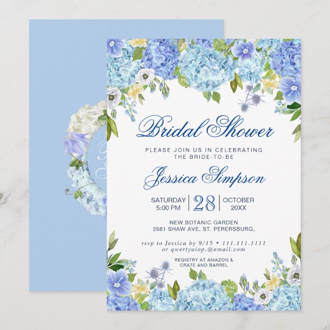 Light Blue Hydrangea Brautparty Einladung (Vorne/Hinten)