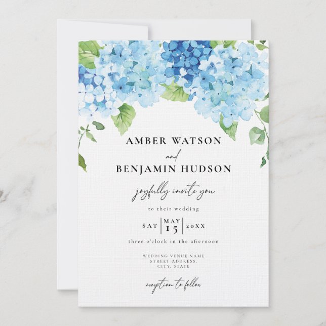 Light Blue Hydrangea Dusty Navy Floral Wedding Einladung (Vorderseite)