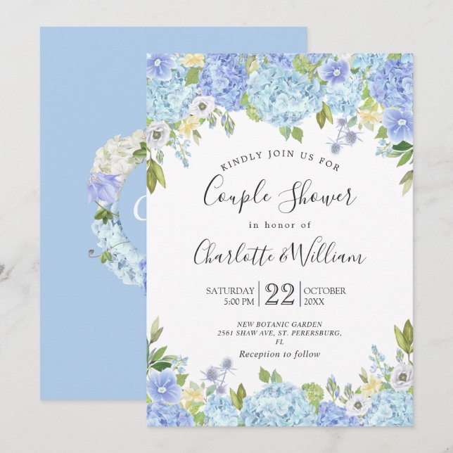 Light Blue Hydrangeas Watercolor Couple Dusche Einladung (Vorne/Hinten)