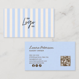 Light Blue & Ivory Stripes Bakery Logo QR Code Visitenkarte