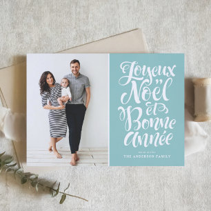 Light Blue Joyeux Noël und Bonne Année Script-Foto Feiertagskarte