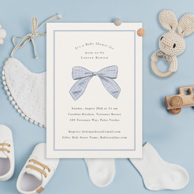 Light Blue Kariert Bow Elegante Boy Baby Shower Einladung (Von Creator hochgeladen)
