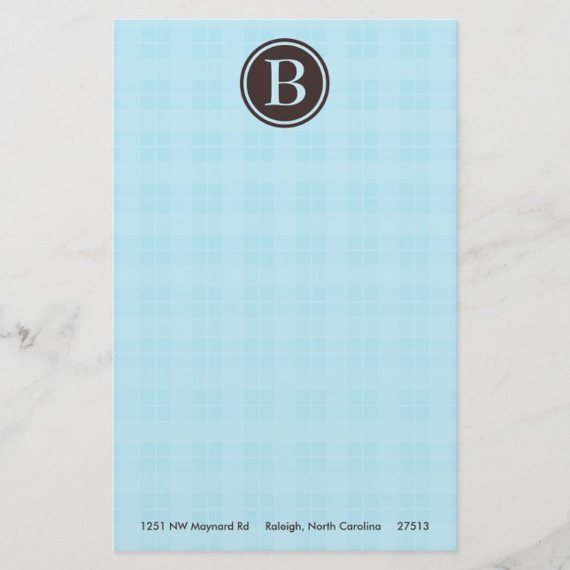 Light Blue Kariert Monogram Stationary Briefpapier (Vorderseite)