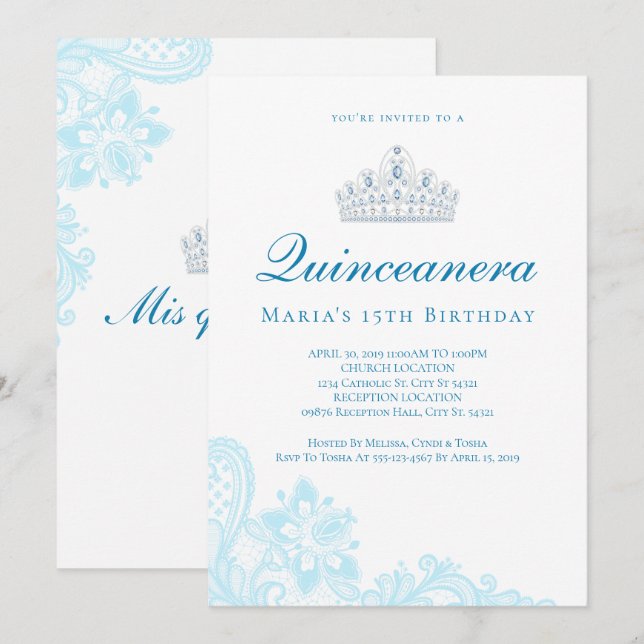 Light Blue Lace Quinceanera Einladungen (Vorne/Hinten)