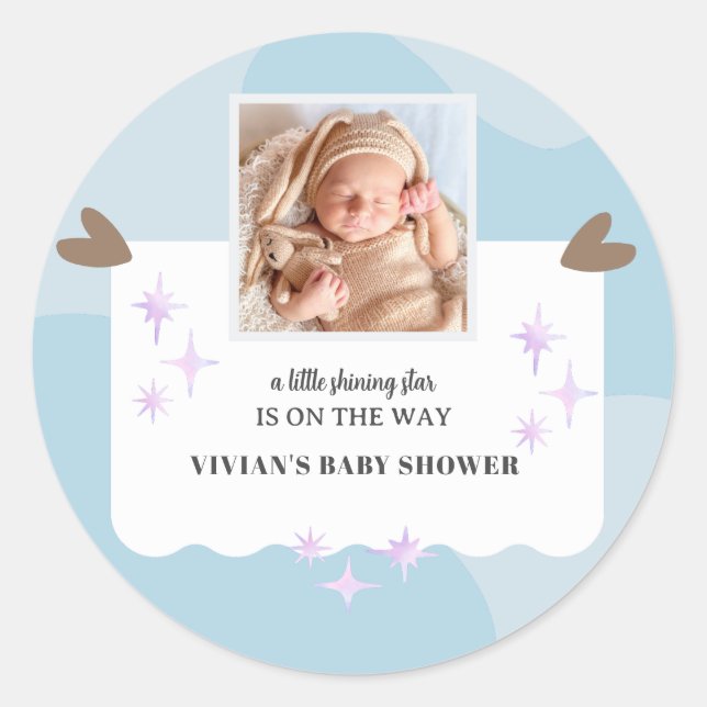 Light Blue Little Shining Star Foto Baby Dusche Runder Aufkleber (Vorderseite)