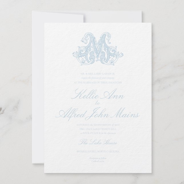Light Blue "M" Monogram Wedding Invitation Einladung (Vorderseite)