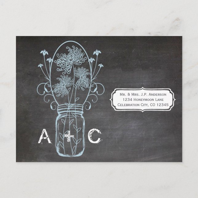Light Blue Mason Jar Chalkboard Wedding Postkarte (Rückseite)
