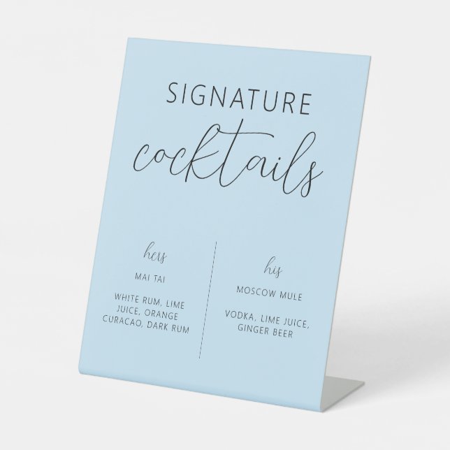 Light Blue Minimal Wedding Signature Cocktail Sign Sockelschild (Vorderseite)