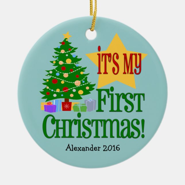 Light Blue mit Tree Baby's First Christmas Ornamen Keramik Ornament (Vorne)