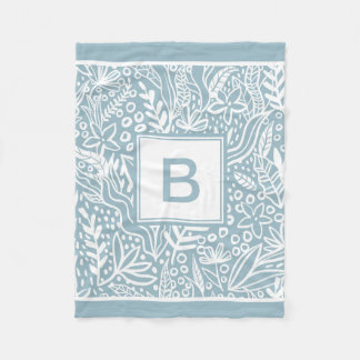 Light Blue Modern Botanical Pattern Monogram Fleecedecke