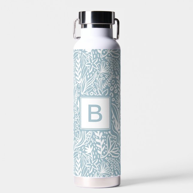 Light Blue Modern Botanical Pattern Monogram Trinkflasche (Vorne)