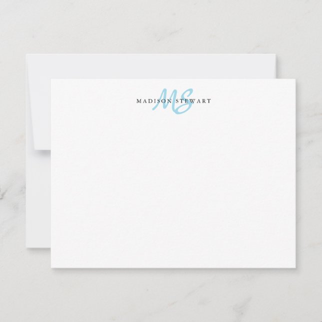 Light Blue Modern Stylish Brush Script Monogram Mitteilungskarte (Vorderseite)