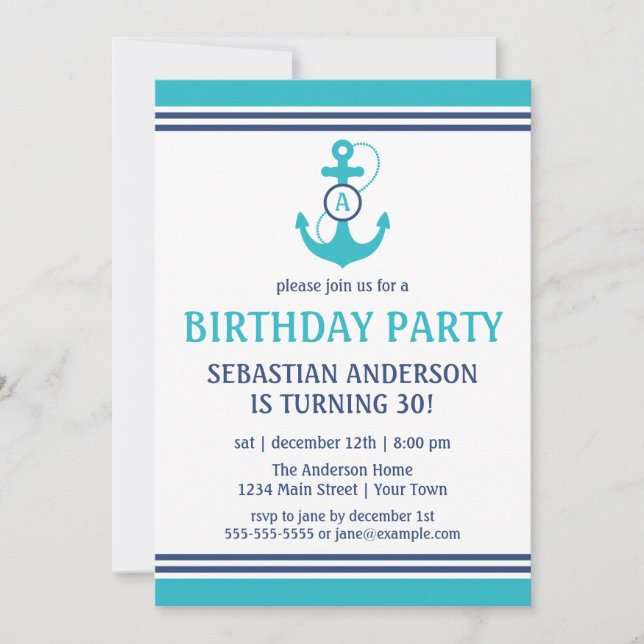 Light Blue Nautical Birthday Party lädt ein Einladung (Vorderseite)