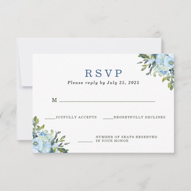 Light Blue Navy Floral Watercolor Wedding RSVP (Vorderseite)