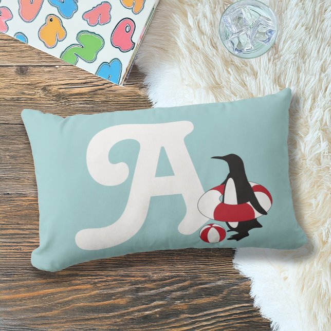 Light Blue Niedlich Pinguin Swimming Kids Monogram Lendenkissen (Von Creator hochgeladen)