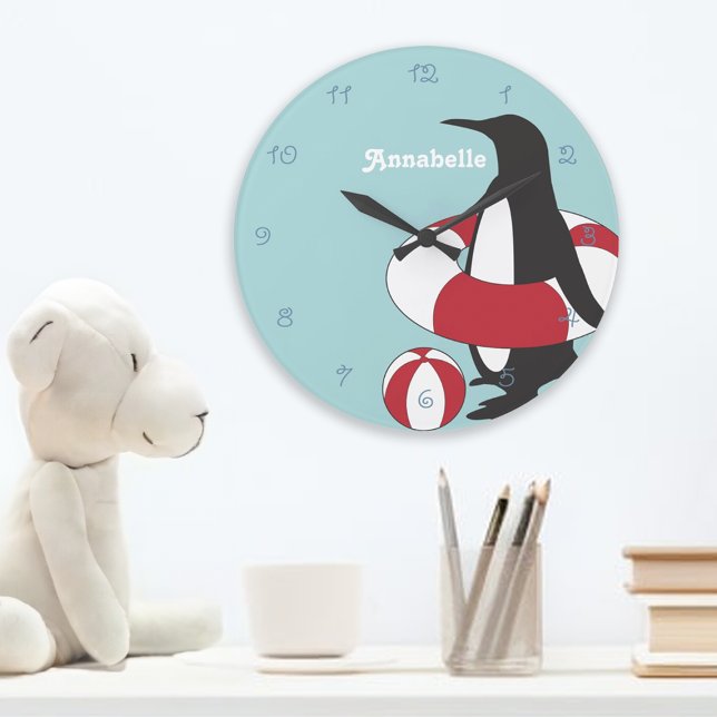 Light Blue Niedlicher Cartoon Pinguin Schwimmbad K Große Wanduhr (Von Creator hochgeladen)