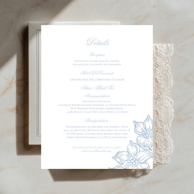 Light Blue Outline Floral Wedding Details Card Begleitkarte (Von Creator hochgeladen)