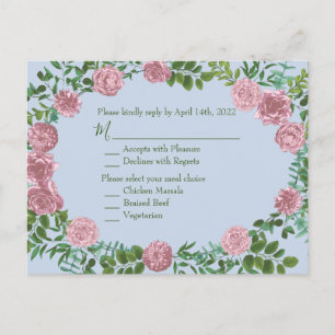 Light Blue & Pale Pink Peony Rose Wedding RSVP Postkarte
