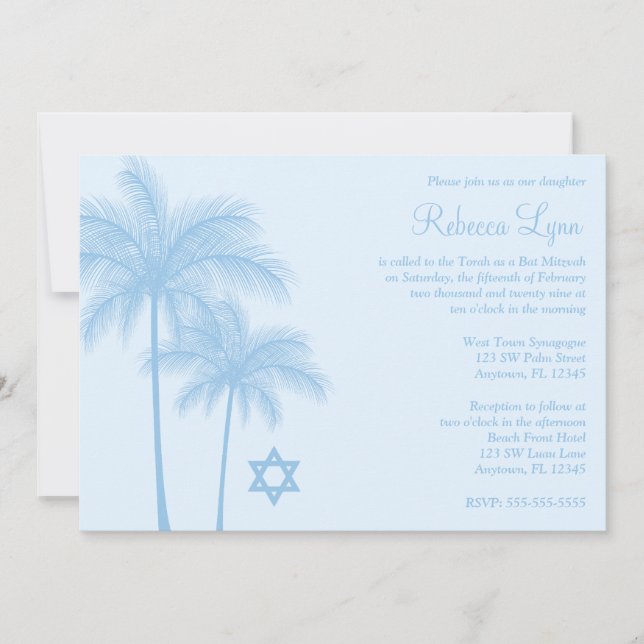 Light Blue Palm Tree Tropical Bat Mitzvah Einladung (Vorderseite)
