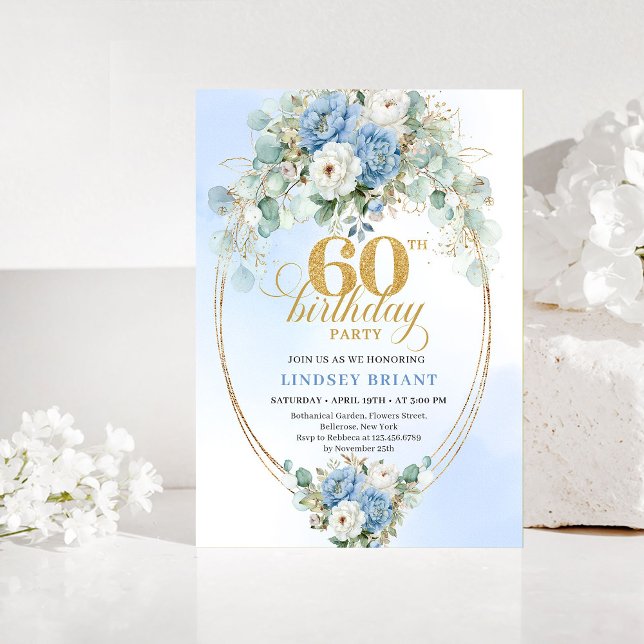Light Blue Peony Greenery 60th Birthday Invitation Einladung (Light Blue Peony Greenery 60th Birthday Invitation)