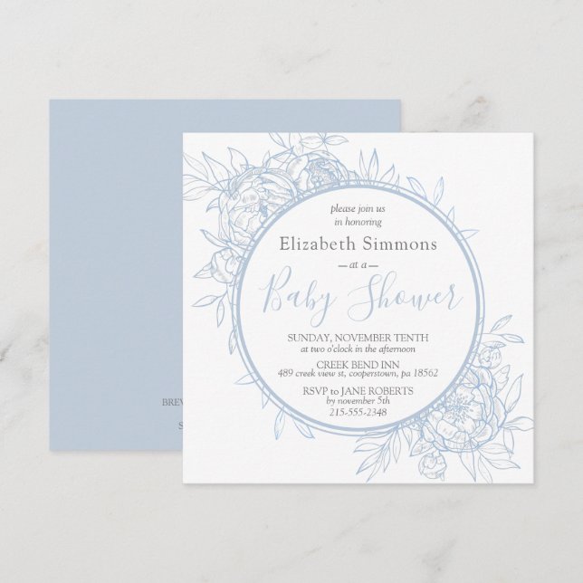 Light Blue Peony Modern Floral Toile Baby Dusche Einladung (Vorne/Hinten)