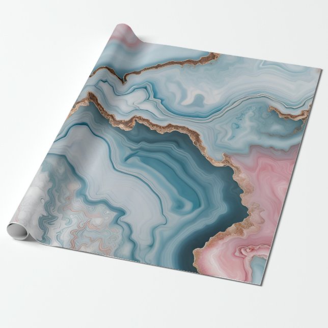 Light Blue Pink Gold Agate Marble Modernes Design Geschenkpapier (Ungerollt)