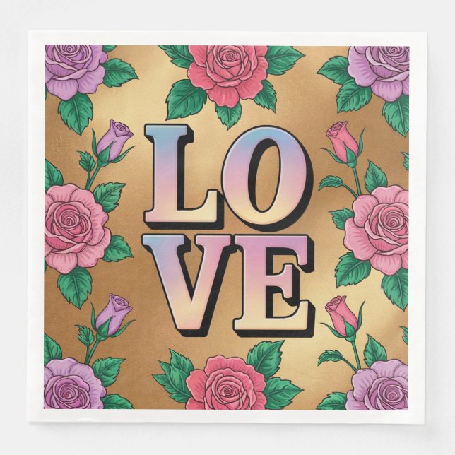 Light Blue Pink LIEBE Gold Napkins Set Serviette (Vorderseite)