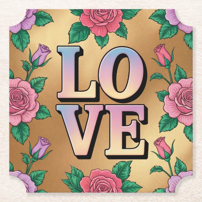 Light Blue Pink LIEBE Gold Untersetzer Set (Vorderseite)