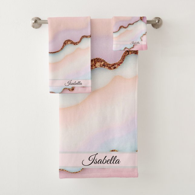 Light Blue Pink Marble Agate Modern Collection Badhandtuch Set (Insitu)