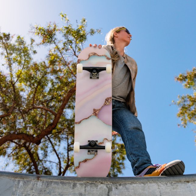 Light Blue Pink Marble Agate Modern Collection Skateboard (Außenbereich 1)