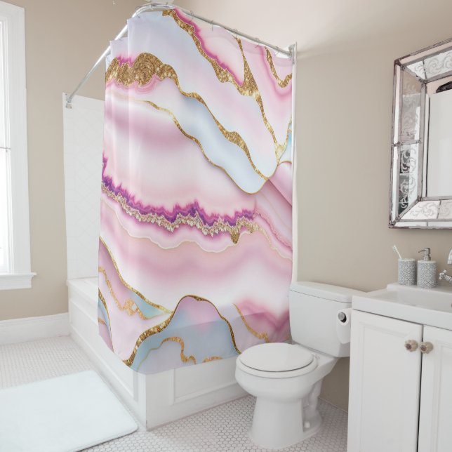 Light Blue Pink Marble Agate Trendy Collection Duschvorhang (Beispiel)