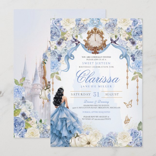 Light Blue Princess Sweet 16 Aschenella V2 Einladung (Vorne/Hinten)