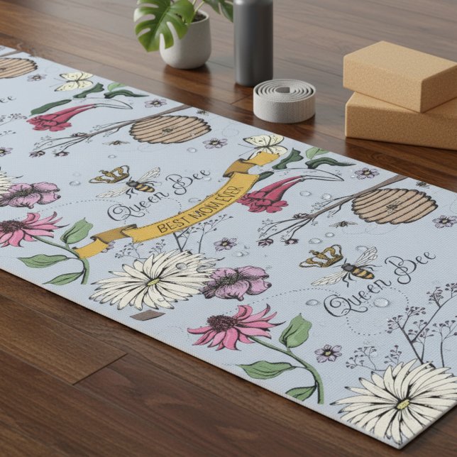 Light Blue Queen Bee & Gold Crown Beste Mama aller Yogamatte (Floral Queen Bee Yoga Mat for Her. Vintage Bee, Flower, Crown Insect Pattern for Meditation, Workout)