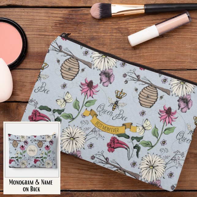 Light Blue Queen Bee & Gold Crown Beste Mama aller Zubehörtasche (Elegant Royal Queen Bee Hand-Drawn Patter with Custom Text on Front & Monogram and Name on the Back)