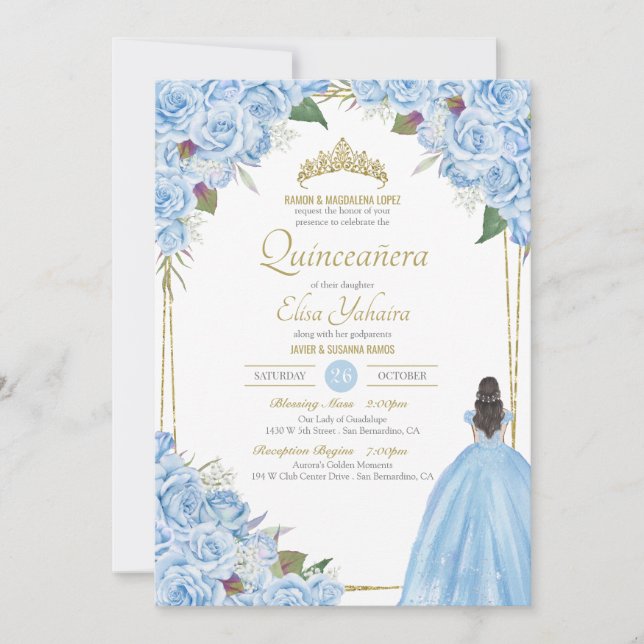Light Blue Quinceanera Elegante Dress Rose Florenz Einladung (Vorderseite)