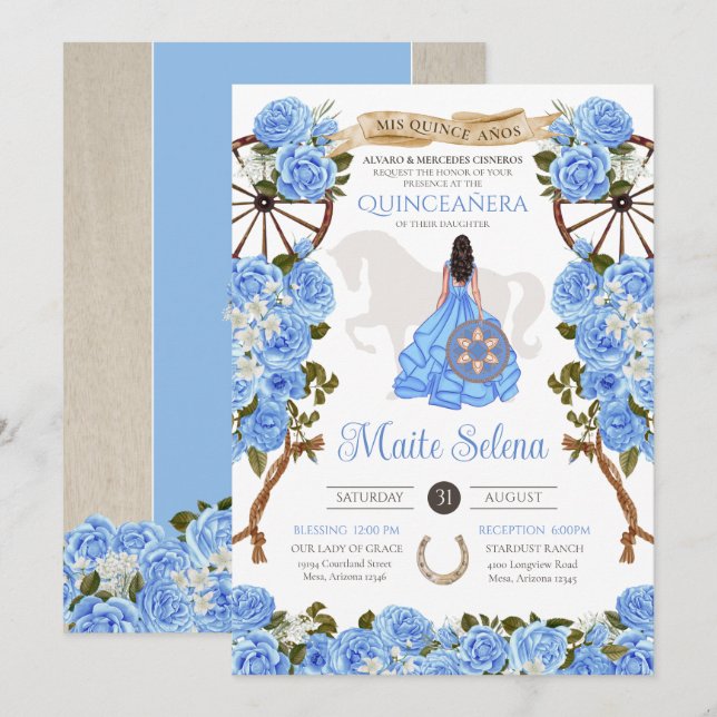 Light Blue Quinceanera Elegante Rose Western Charr Einladung (Vorne/Hinten)