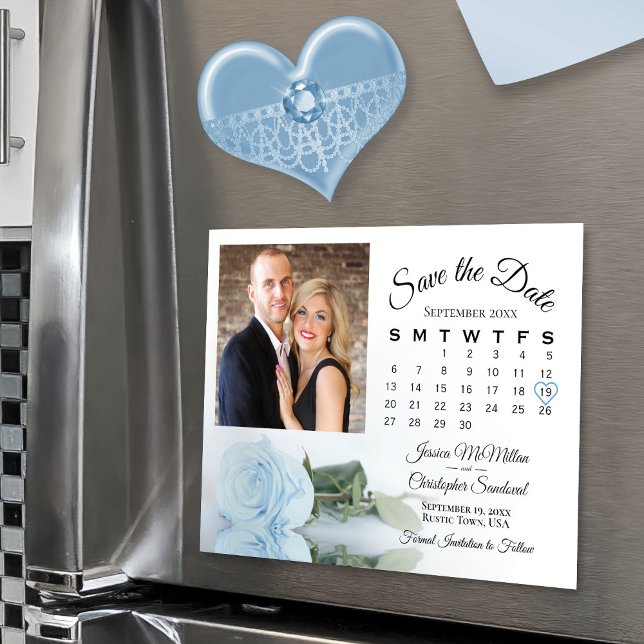Light Blue Rose Calendar & Foto Rett Date Magnet (Magnetic for easy display!)