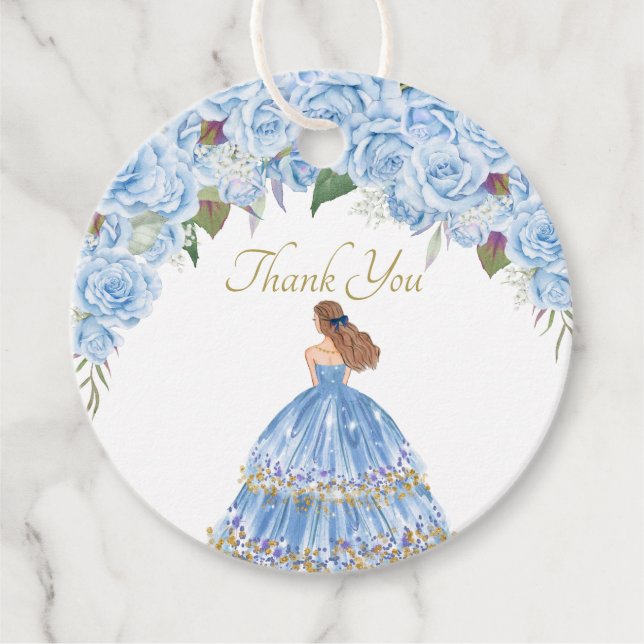Light Blue Rose Floral Quinceanera Vielen Dank Geschenkanhänger (Vorderseite)